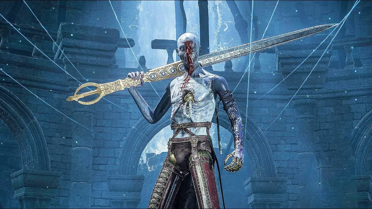 A photo of a thin warrior holding a very long sword and placed on his shoulders.
