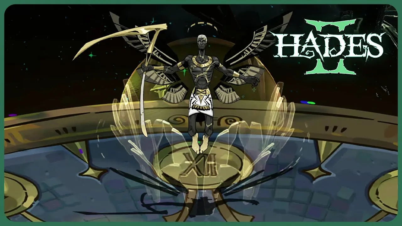 A photo of a Chronos, a Titan of time. He is floating at the center, holding a scythe