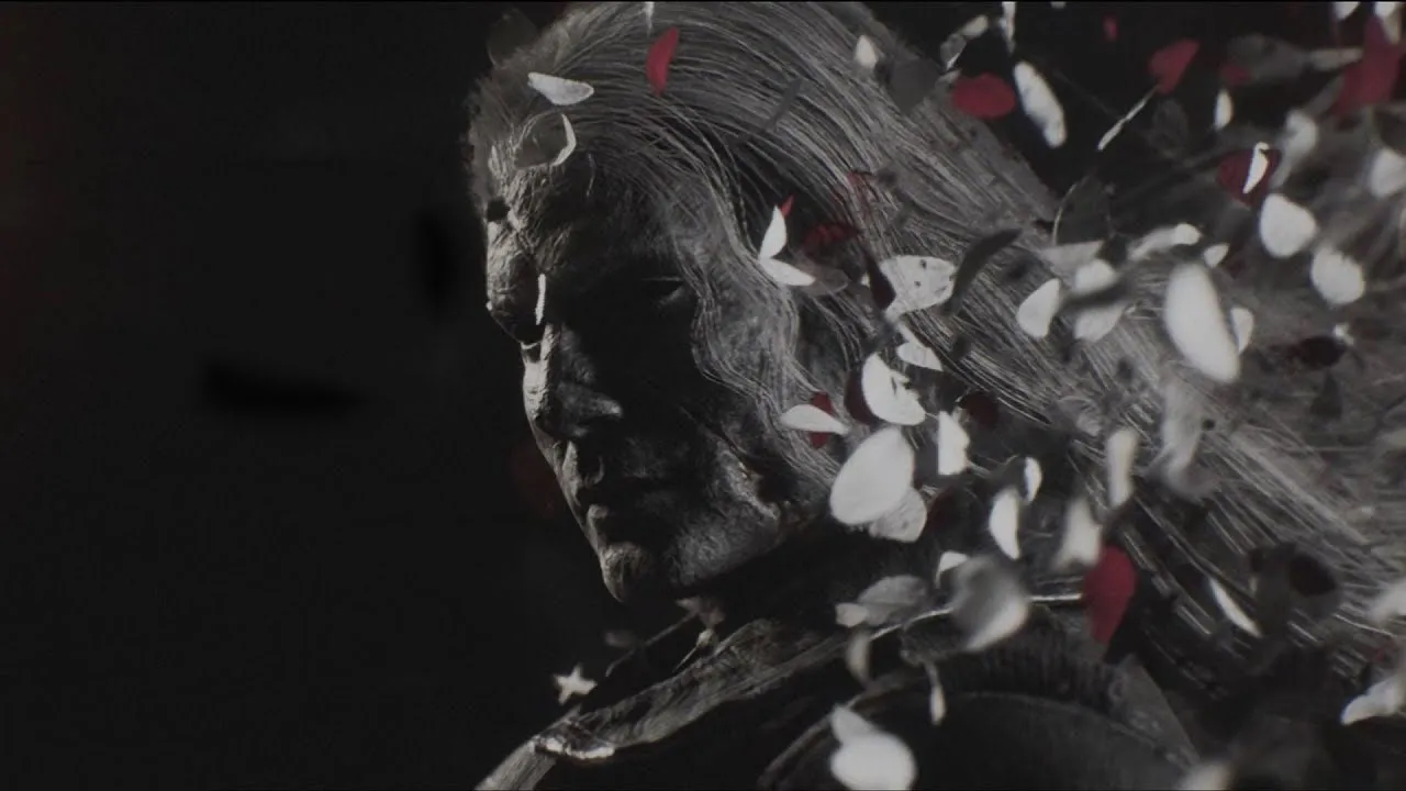 A photo of a middle aged man, long white hair, but his face looks undear with white and red petals flying on his right