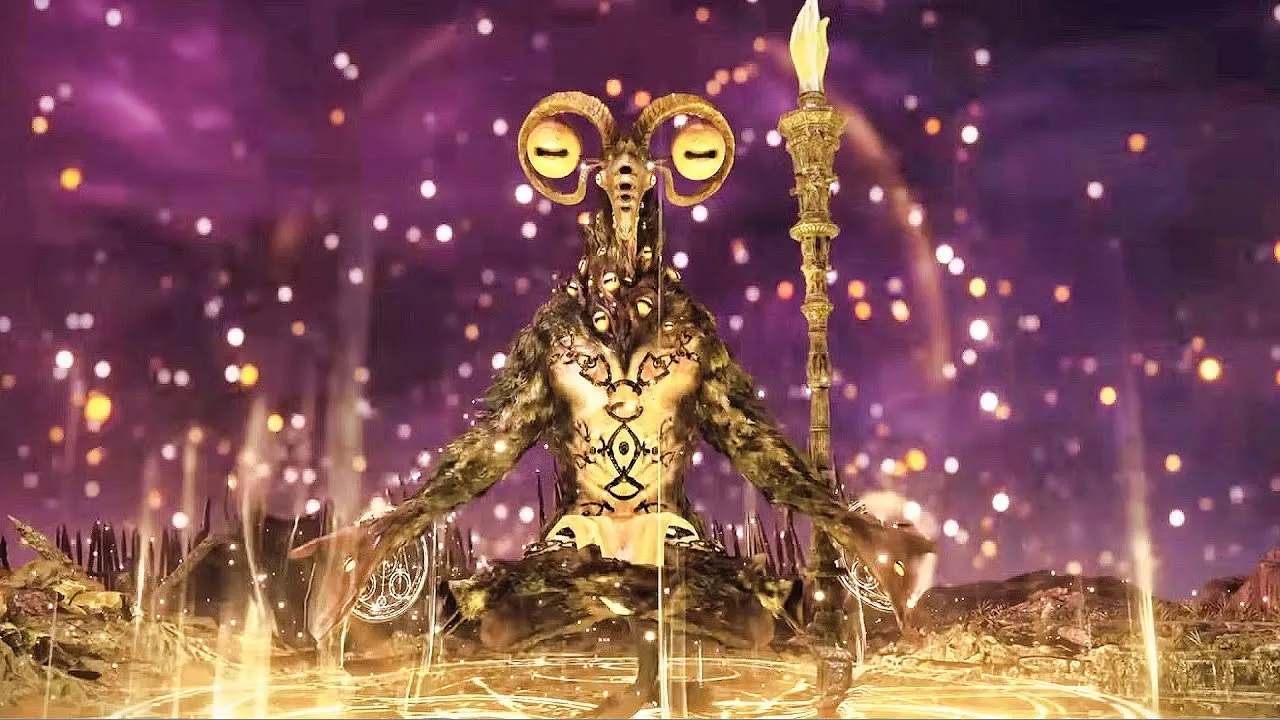 A photo of creepy looking monster doing indian sit but floating in mid-air and a golden aura covers him