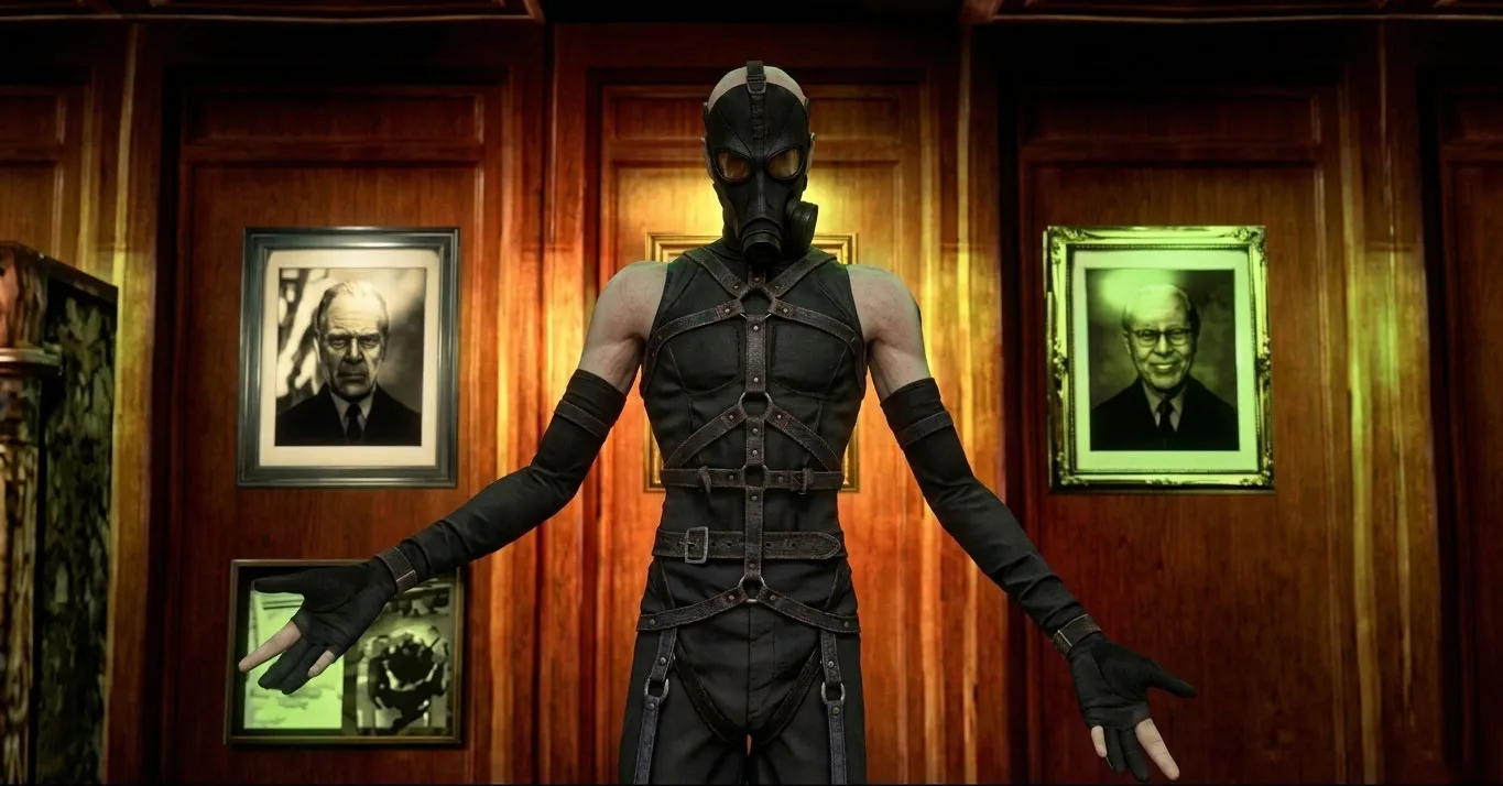 A photo of a thin man wearing a gasmask in a room with photos hanging on walls. Psycho Mantis is also floating mid-air.