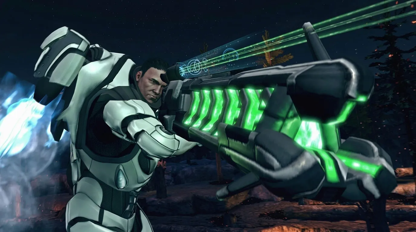 A photo of a soldier pointing a high tech gun at the alien enemies