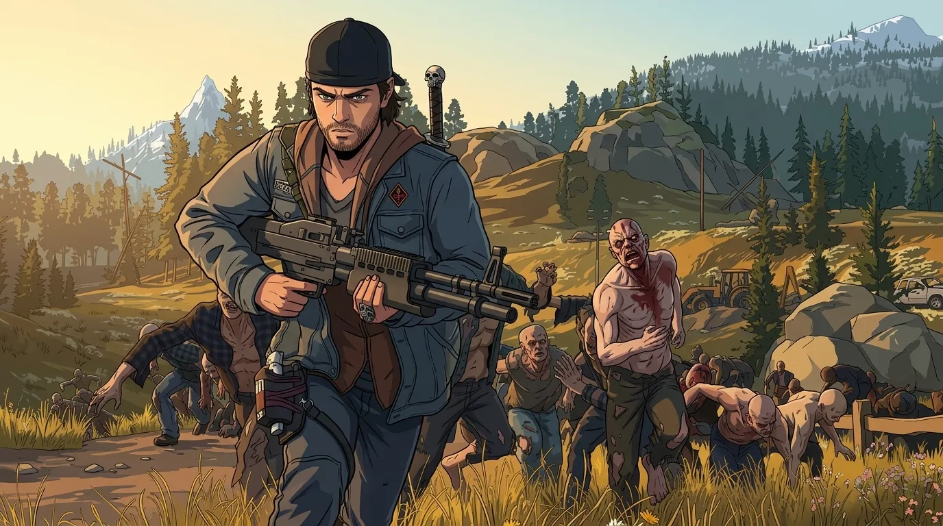 A photo of Days Gone Gameplay where Deacon St John is being chased by zombie, in an anime-styled illustration