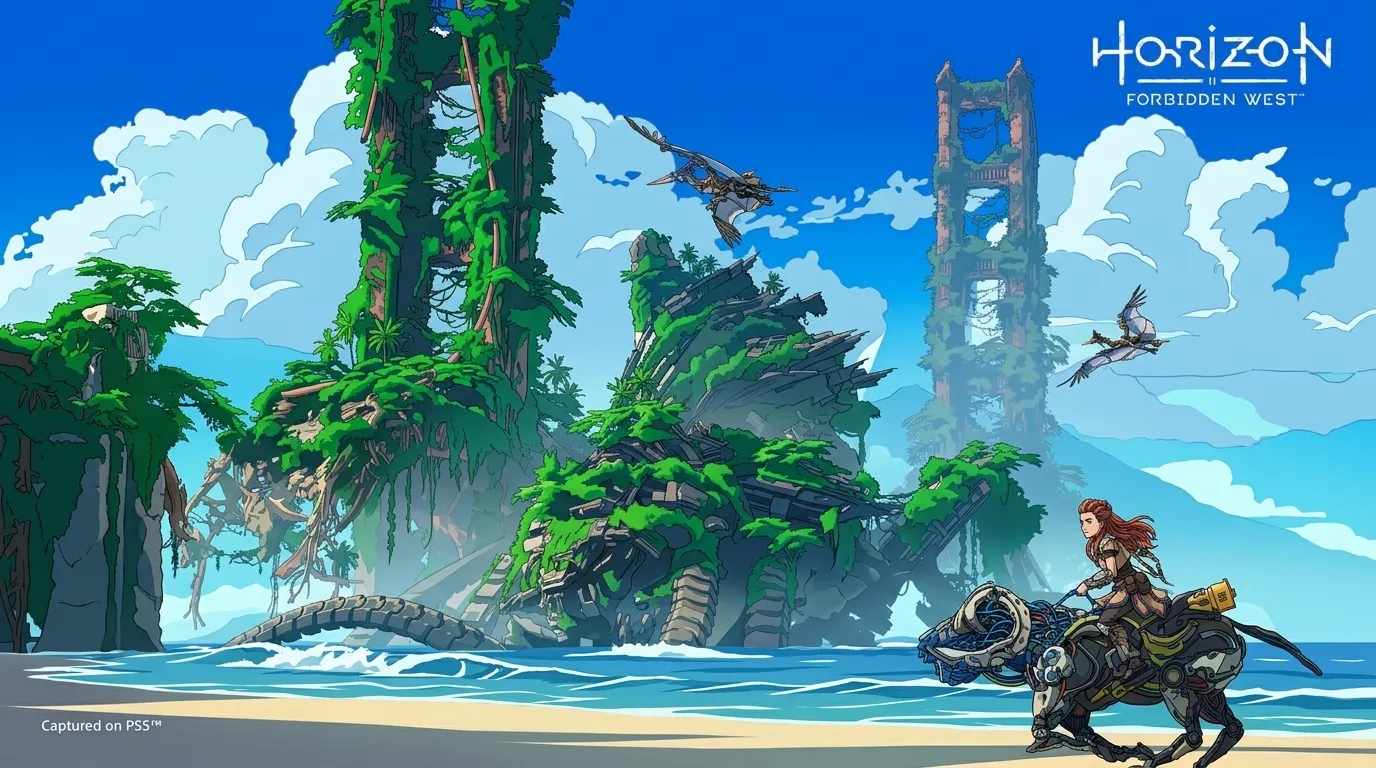 A cover photo of Horizon Forbidden West game in anime art style. Aloy is riding a mechanical robot and traveling through the place. The photo shows the scenery.