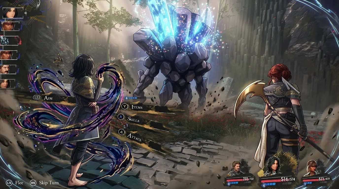 Two women in the forest are facing a stone enemy in the game Clair Obcur Expedition 33.