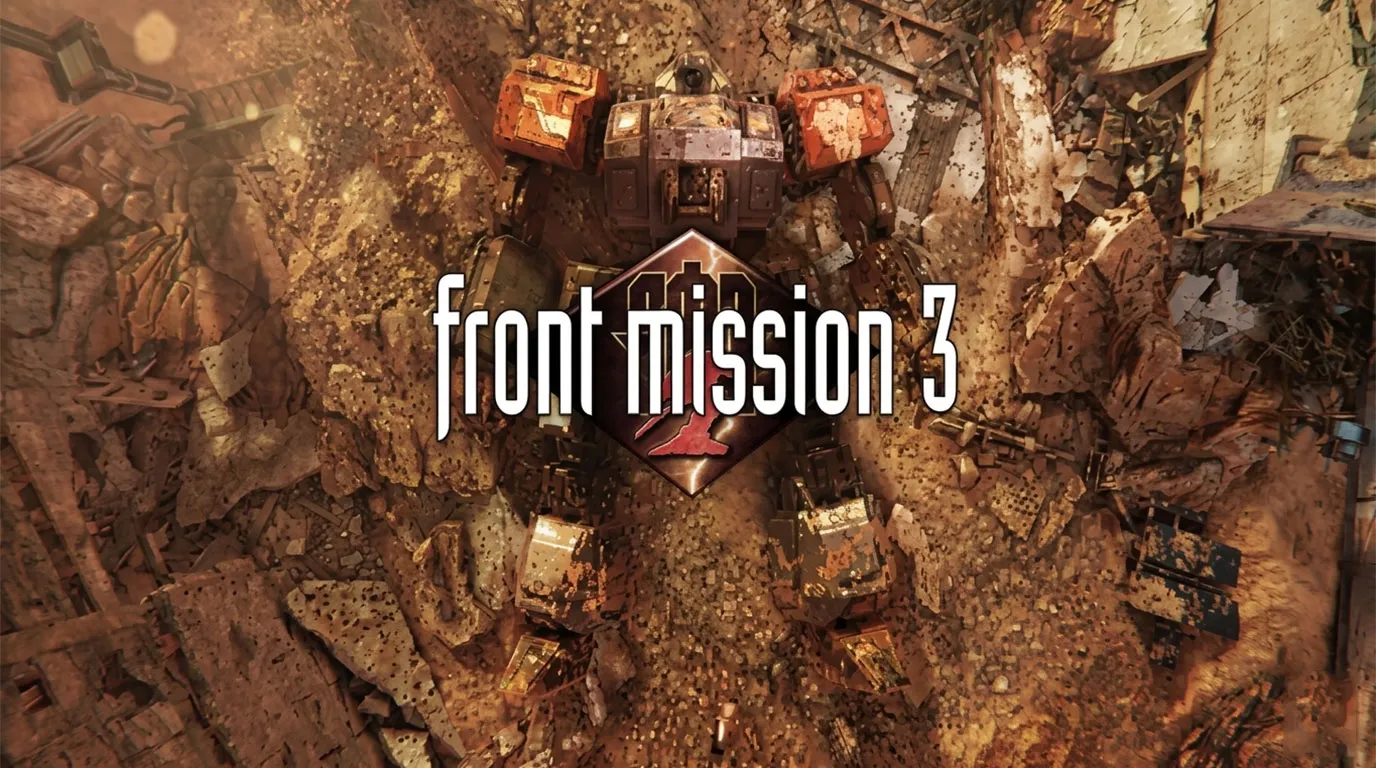 A photo of a wanzer or a robot lying down in a battlefield, with the text Front Mission 3 in the middle
