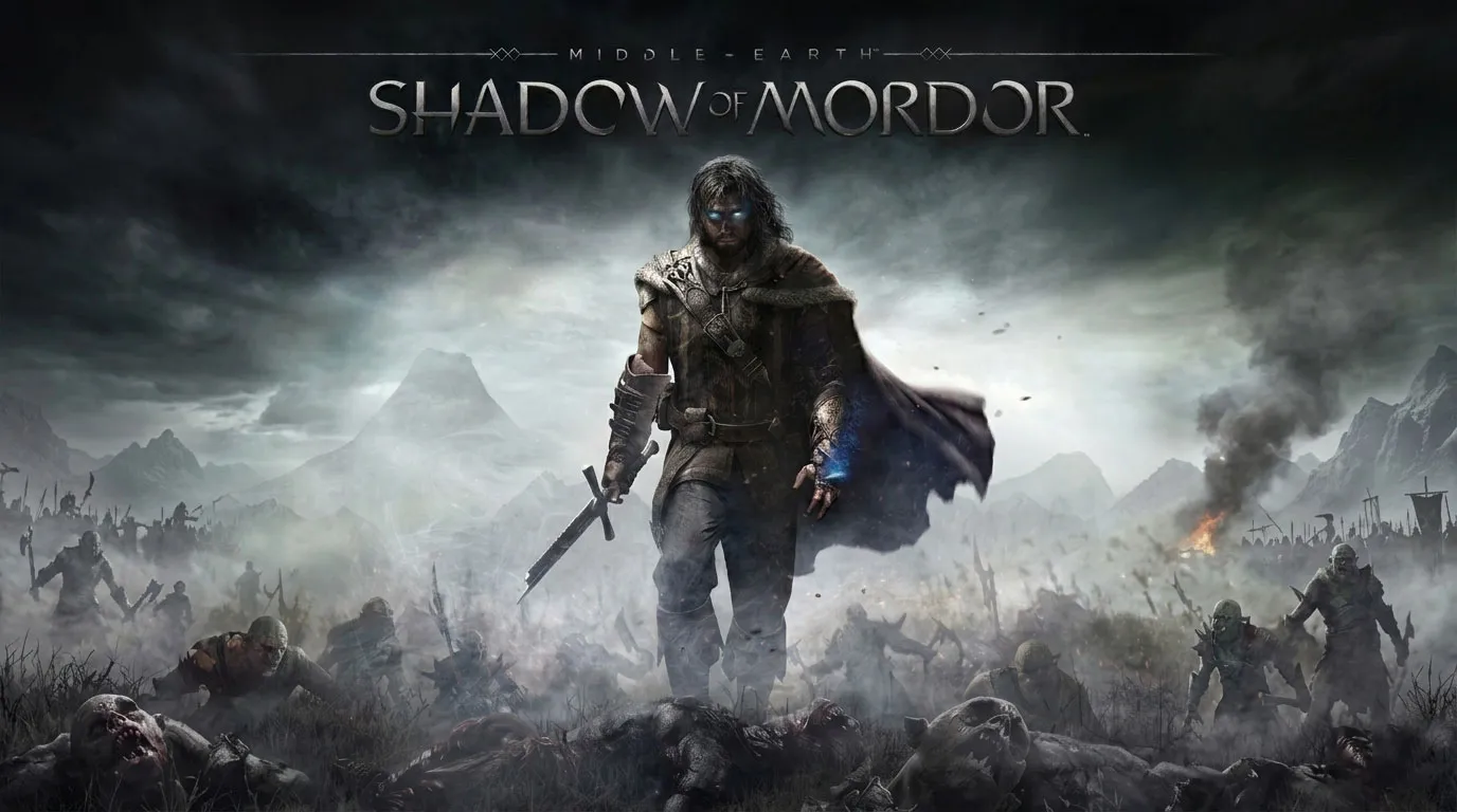 A photo of Talion in a battlefield with dead orcs. He is holding a broken sword and his eyes are glowing blue