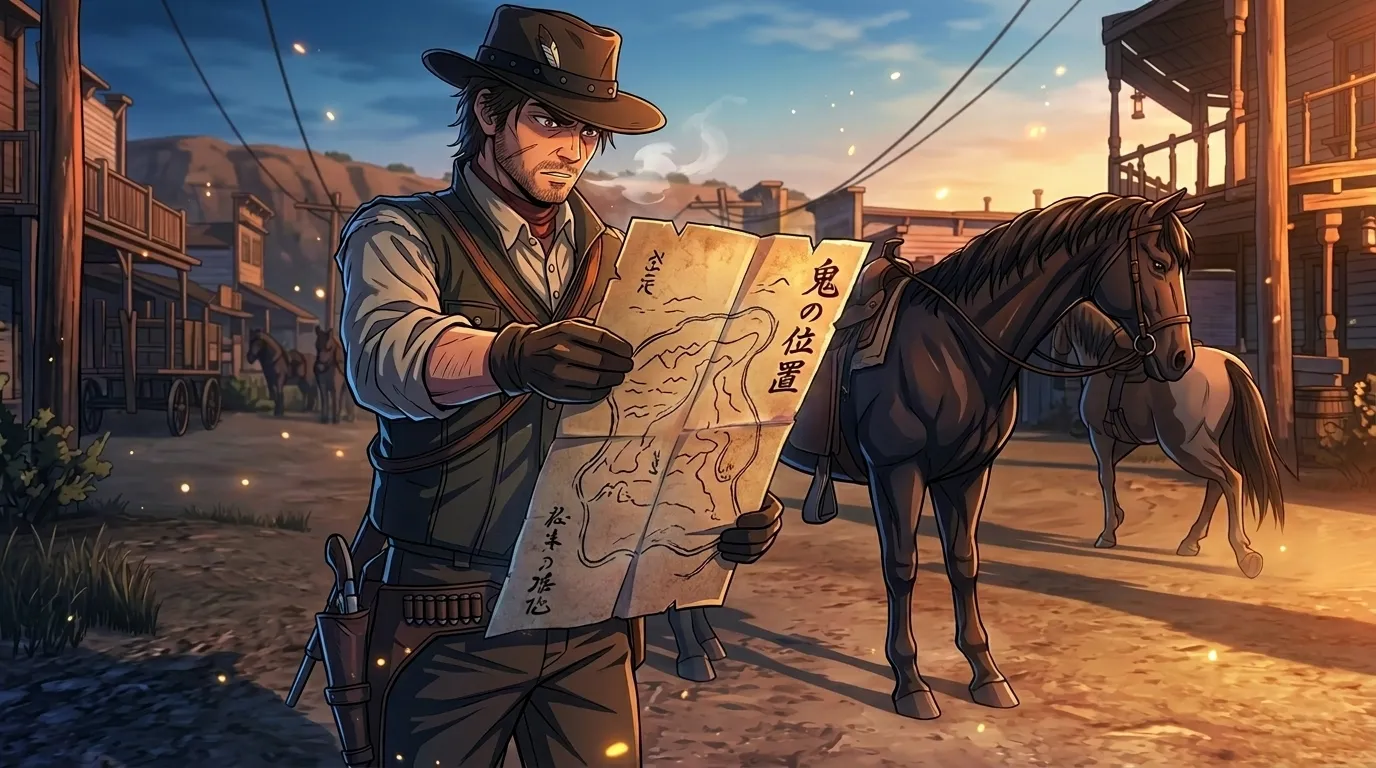 A cowboy holding a map with beside his horse in a Western environment setting