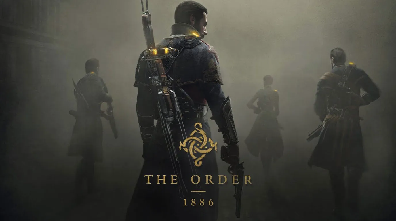 A moody, cinematic shot of a steampunk knight standing in foggy gaslit Victorian London streets, evoking The Order: 1886.