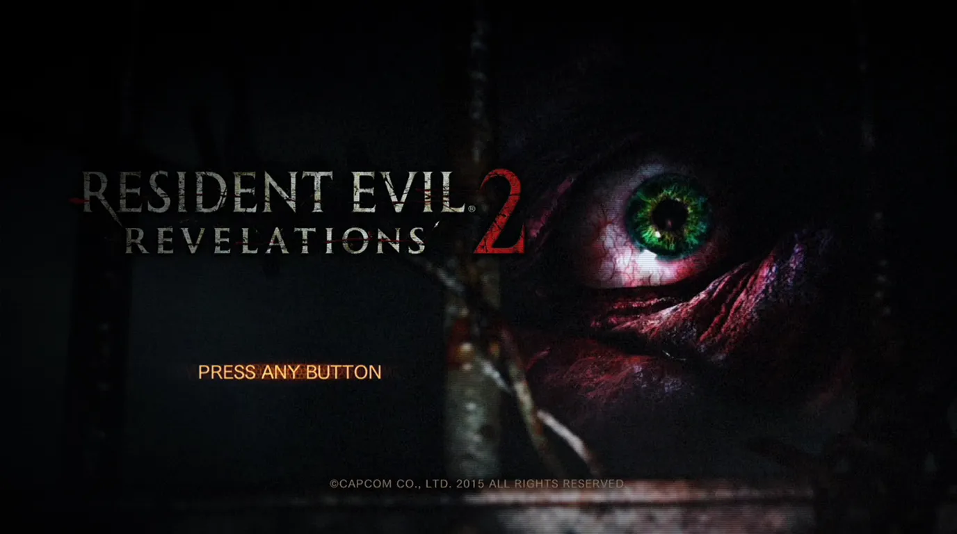 Start menu of the game, Resident Evil Revelations 2. On the left is the title, and label 'Press Start button' and on the right is a big eye that is creepy and looks inflammed or belonging to an eye of a zombie or a monster