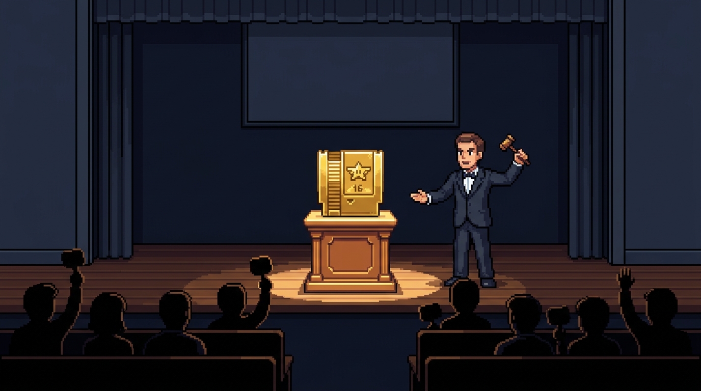 A pixel art of a bidding where the item is a golden cartridge of a very important but old game