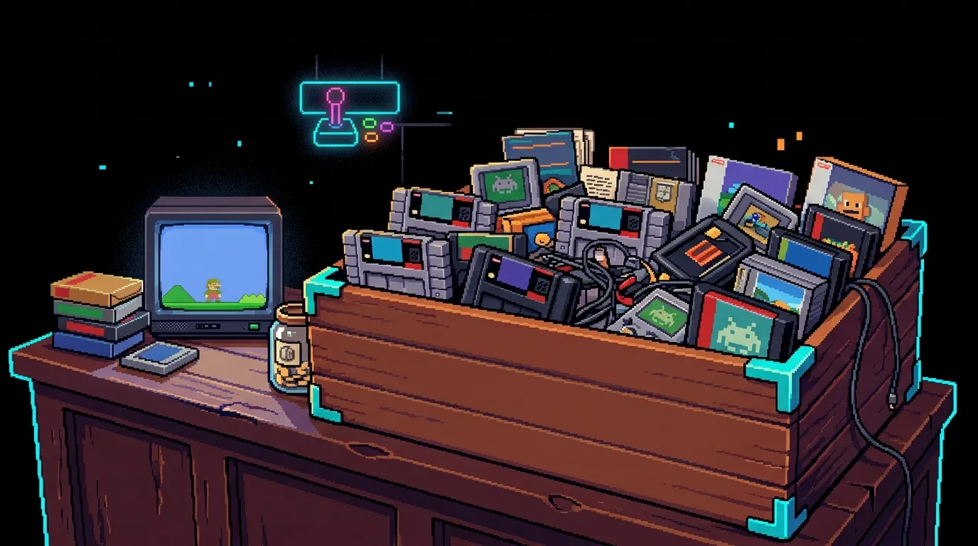 A photo of a table and on top of it are tv, old games, bunch of old games for collectors and on sale