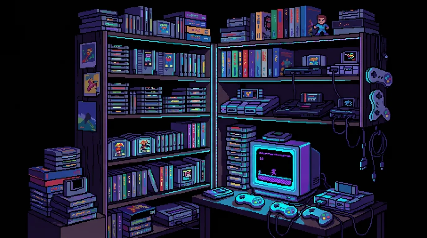 A neatly organized display shelf full of video game cases and cartridges from various consoles, warmly lit with a dedicated gaming room setup visible in the background.