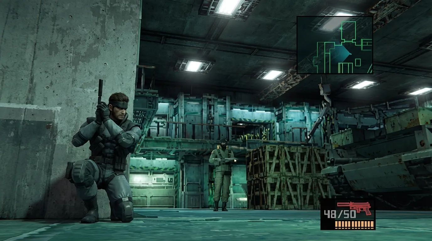 A photo of a soldier hiding behind a wall while an enemy soldier is passing through