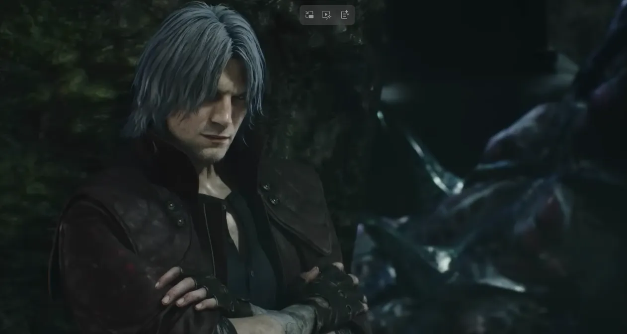 A close up photo of Dante, from the game, Devil May Cry Series facing and confronting his enemy monster