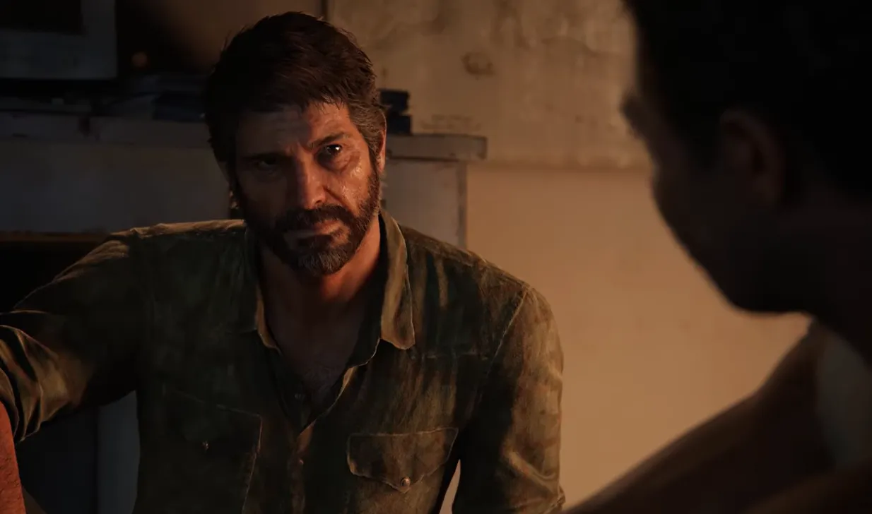A photo of Joel, the protagonist in the game, The Last of Us is speaking to another person