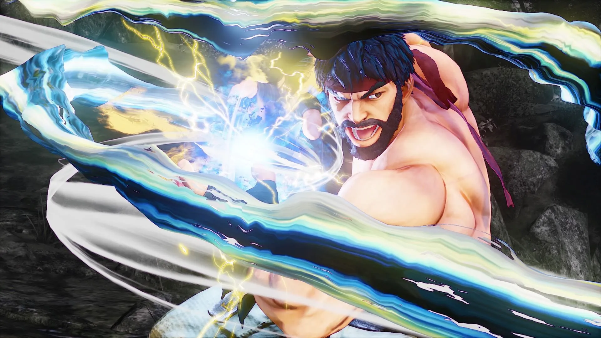 Ryu from Street Fighter series charging up his super move 'hadouken'