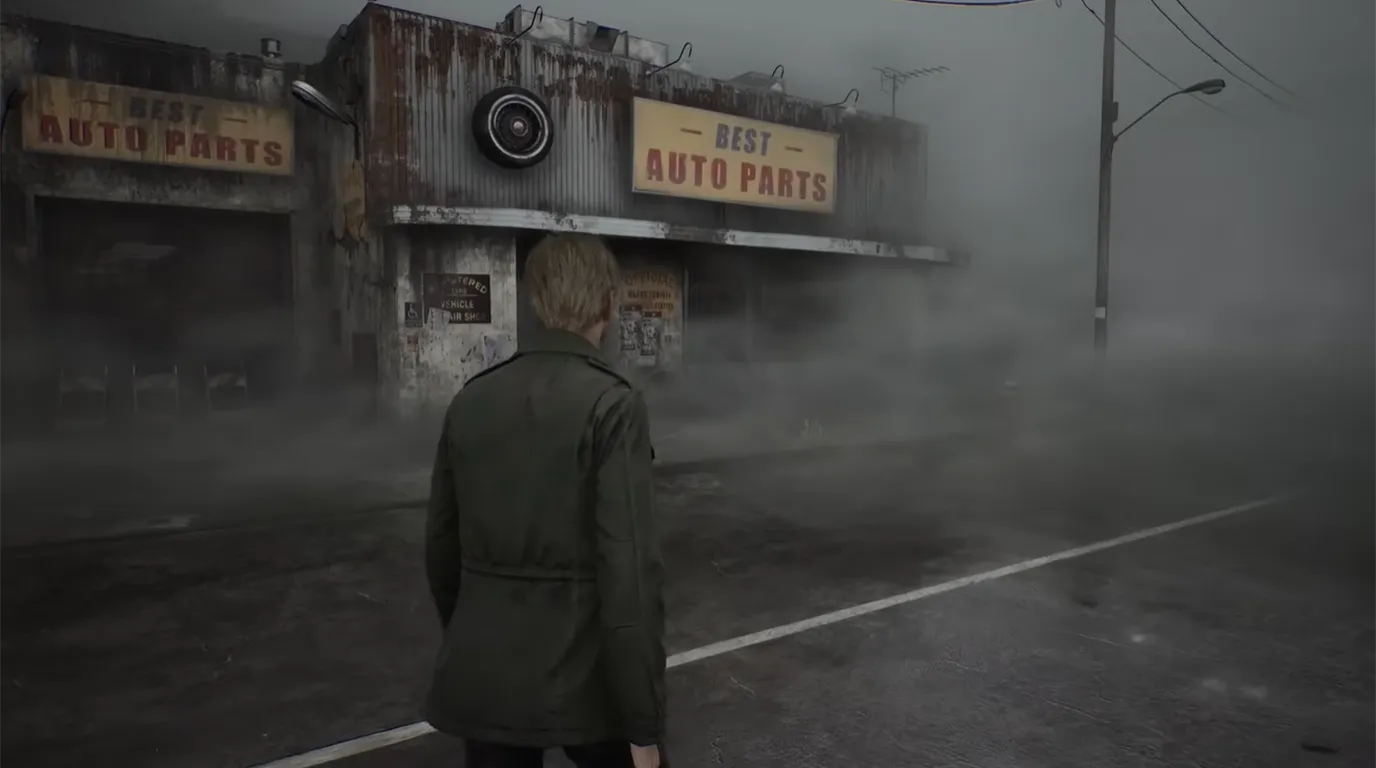 Scenery of Silent Hill. A very foggy and lonely street where no one lives and there's no sunshine.