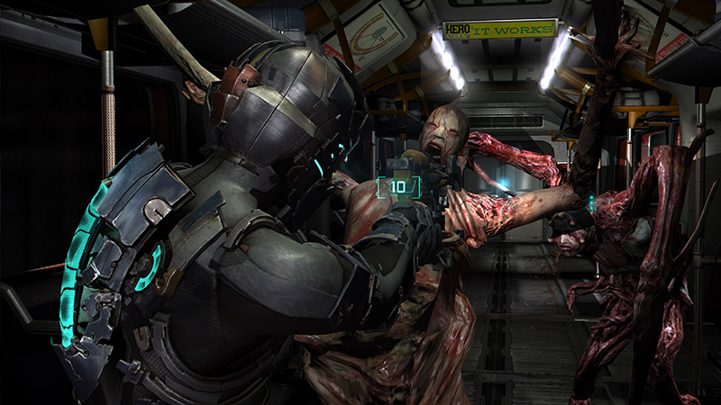 A photo of a man in suit defeating a necromorph - a human who turned monster and grown plenty of limbs with sharp blades in it