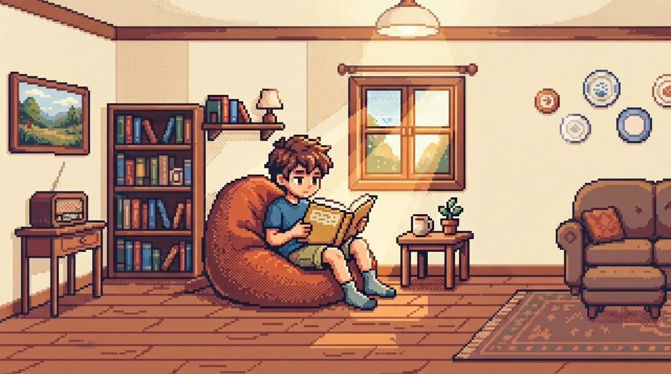 A pixel art photo of a boy reading a book sitting in a sofa inside his living room