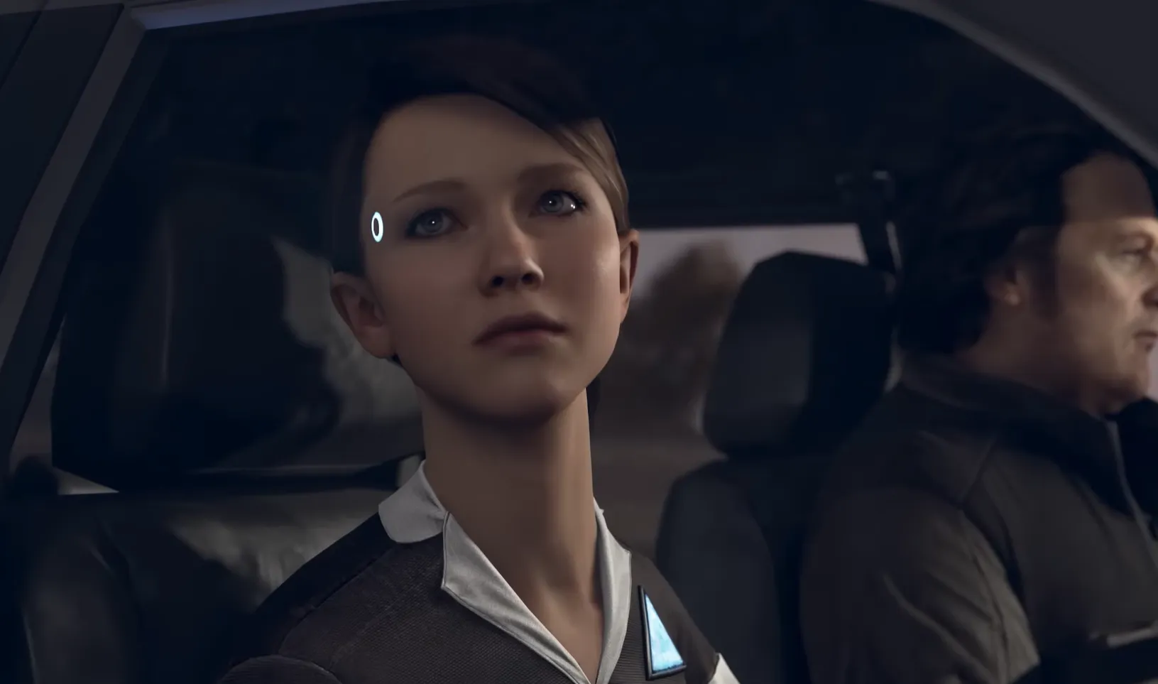Photo of Sarah, one of the main protagonist in the game, Detroit: Become Human. She is riding in a car about to go to house of her new owner