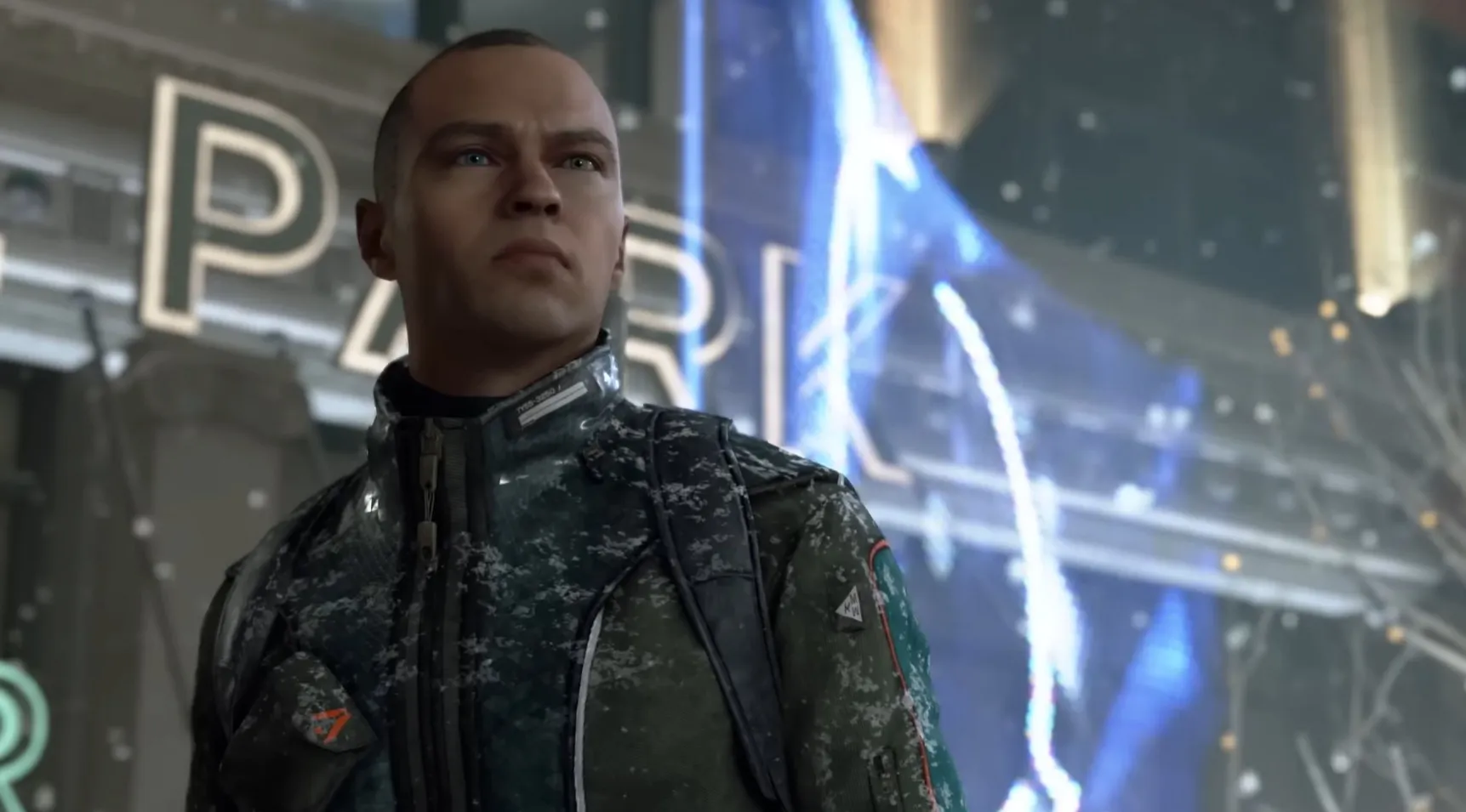 Photo of Markus, one of the main playable characters in the game, Detroit: Become Human. He is wearing a jacket and outside place is snowing