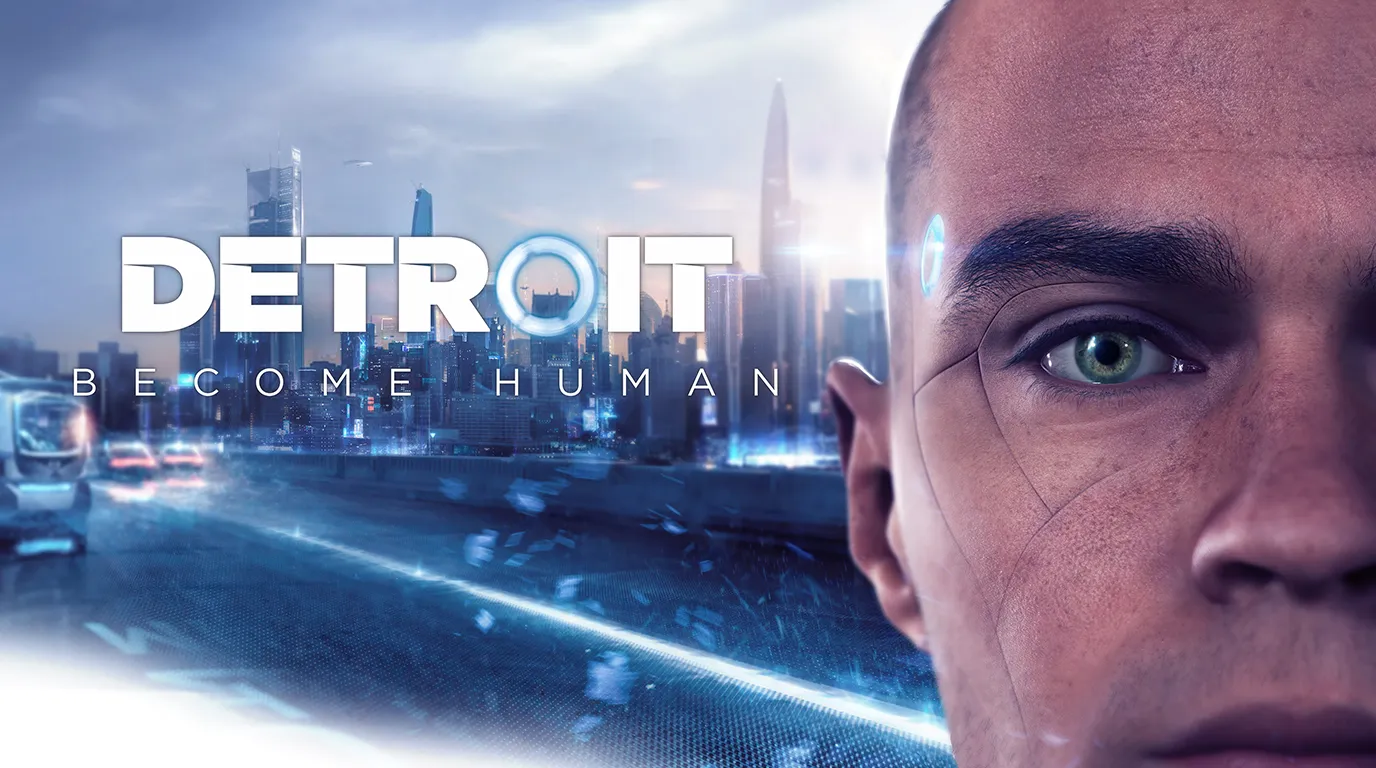 Cover photo of the game, Detroit: Become Human. On the left is where the game title is placed. A photo of an Android on the right. His face isn't shown completely. 