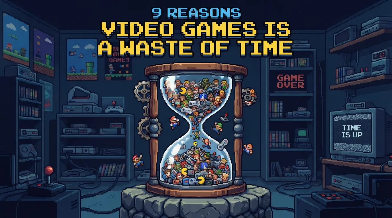 A giant hourglass filled with tiny pixelated video game characters and controllers instead of sand, representing time being spent on games, retro aesthetic, clean pixel lines.
