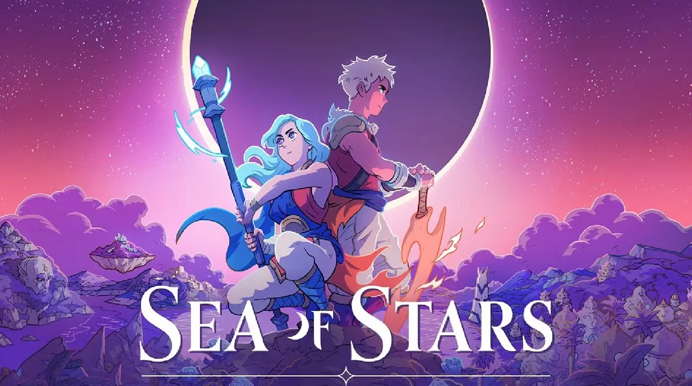 A photo of a female and male characters of the game Sea of Stars. They are in the center and the background is cloudy and at the center looks like an eclipse. 