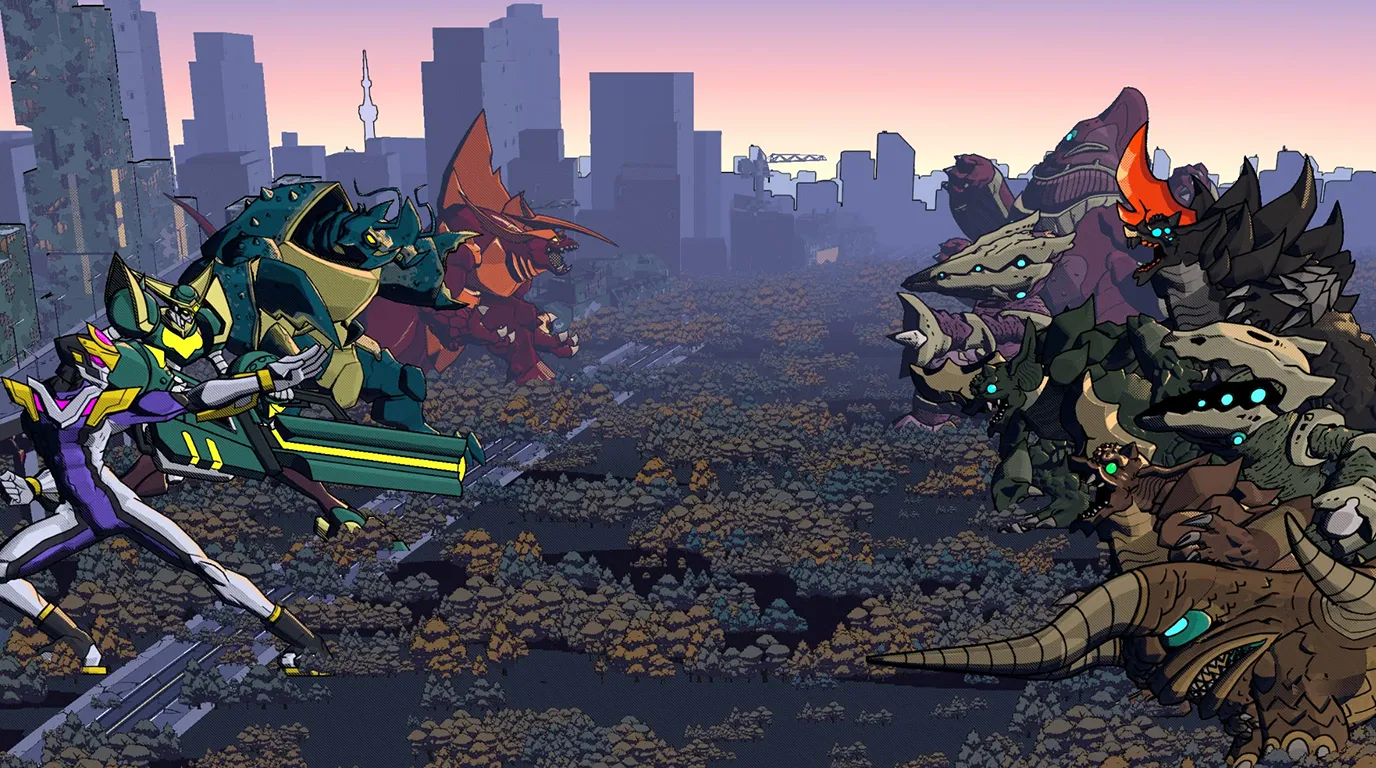 Dawn of the Monsters art showing heroic kaiju facing a swarm of alien monsters across a ruined cityscape.