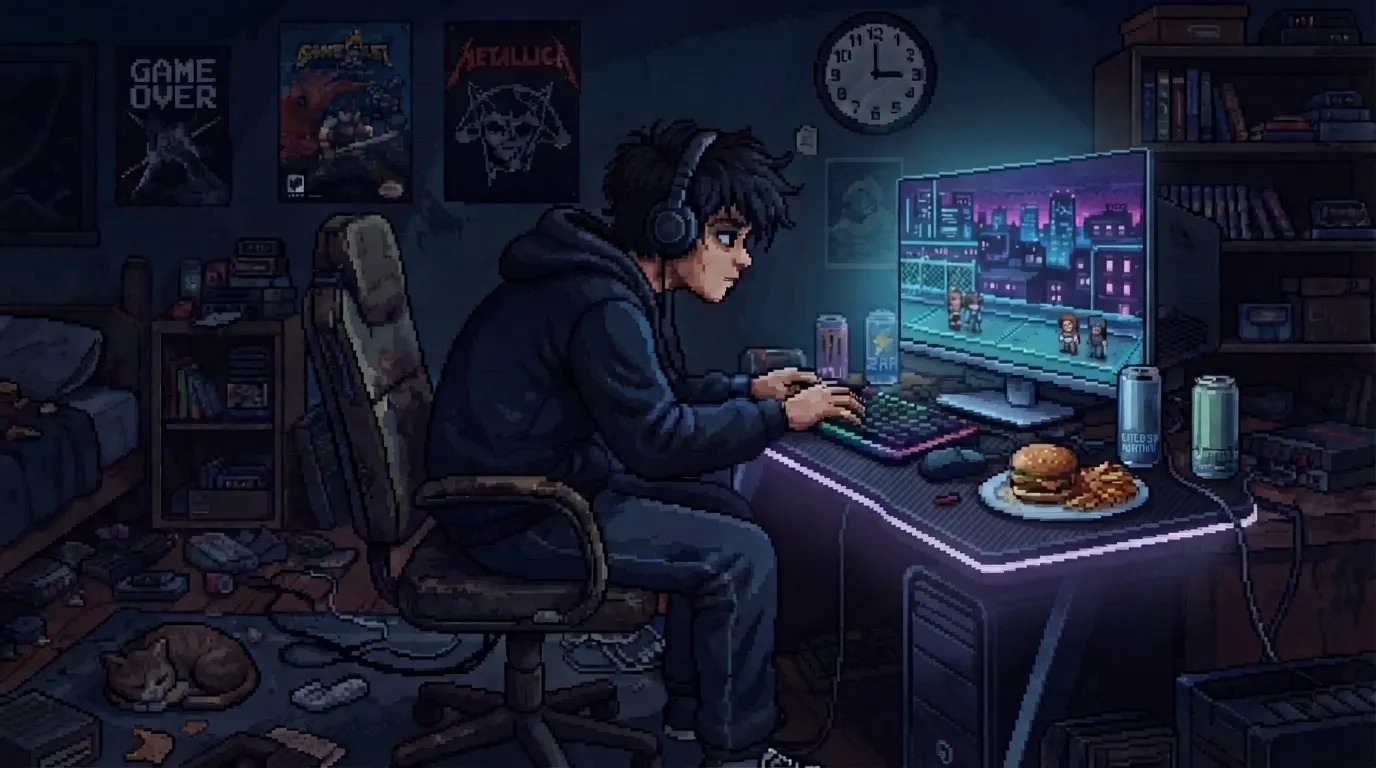 A teenager slouched in a dim bedroom lit only by a glowing monitor, with energy drink cans and an untouched plate of food beside the keyboard and a late night clock on the wall.