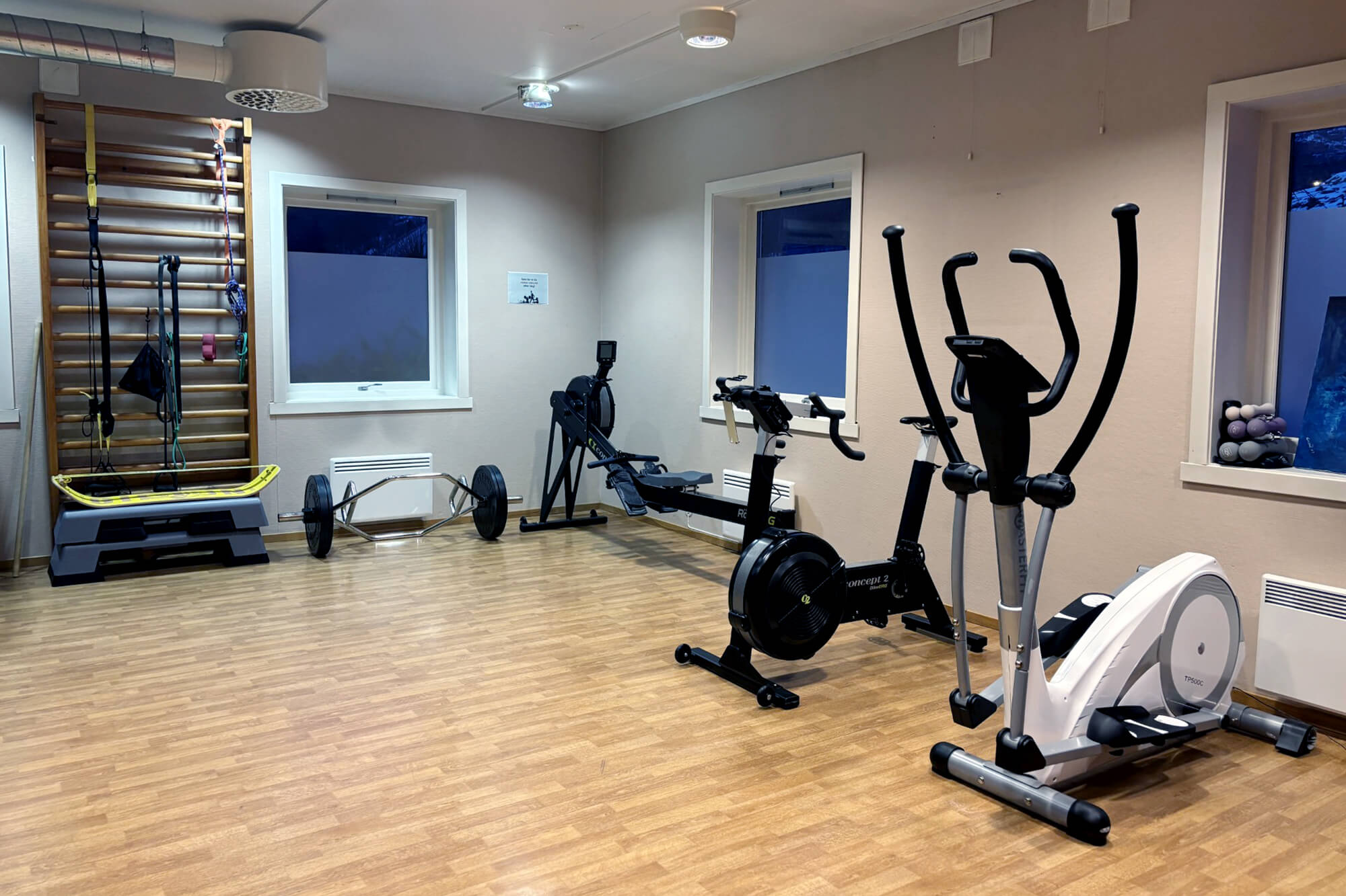 Lite treningsrom med ergometersykkel, romaskin, vektstang, og treningsbenk mot vegg med trestige og treningsbånd.