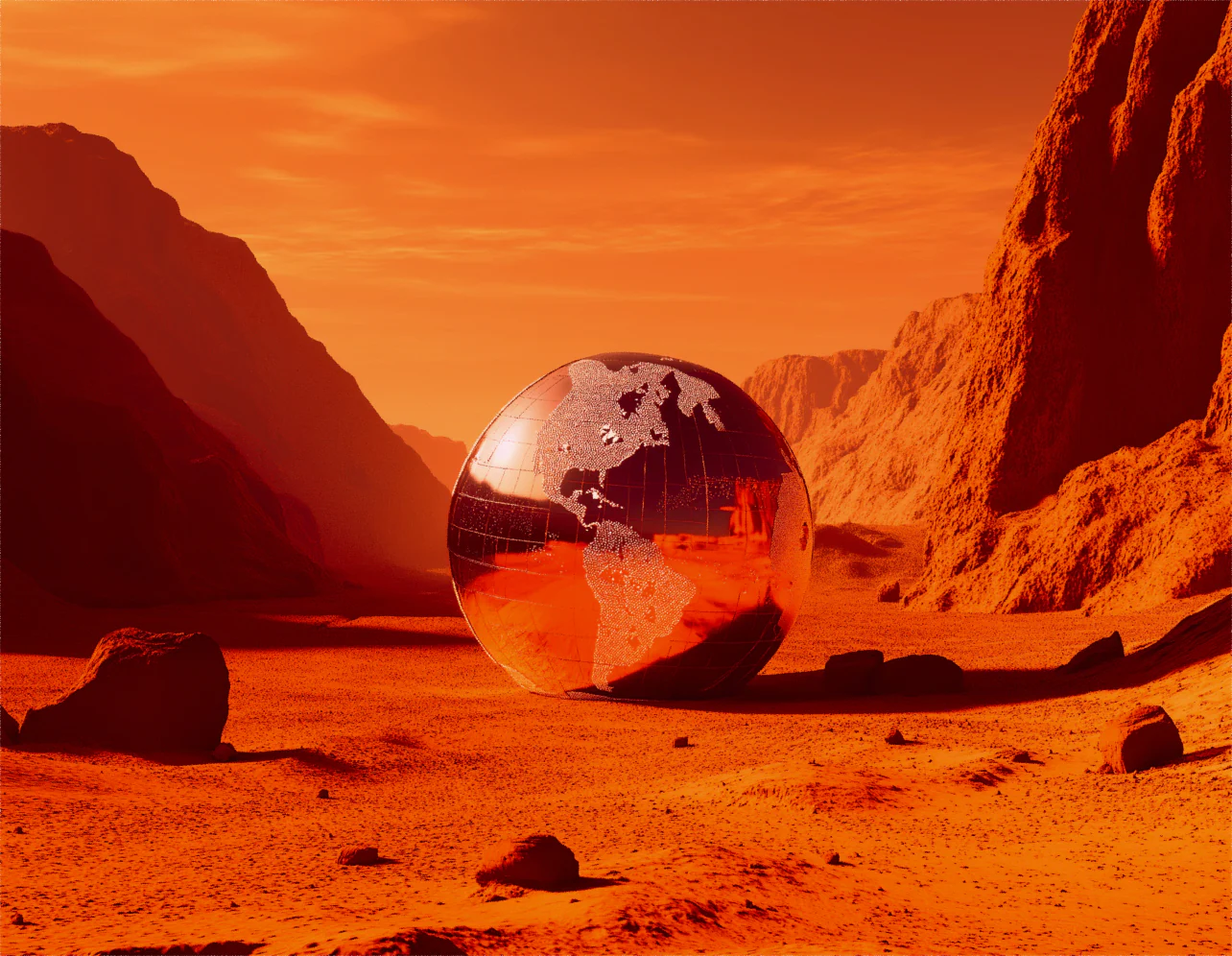 Earth globe on rocky alien terrain