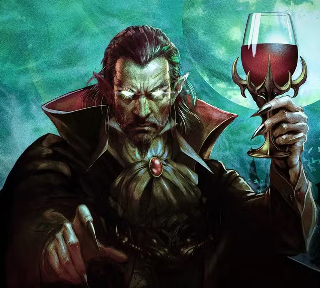 Dark vampire with glowing eyes holding a wine glass filled with red liquid against a green background.