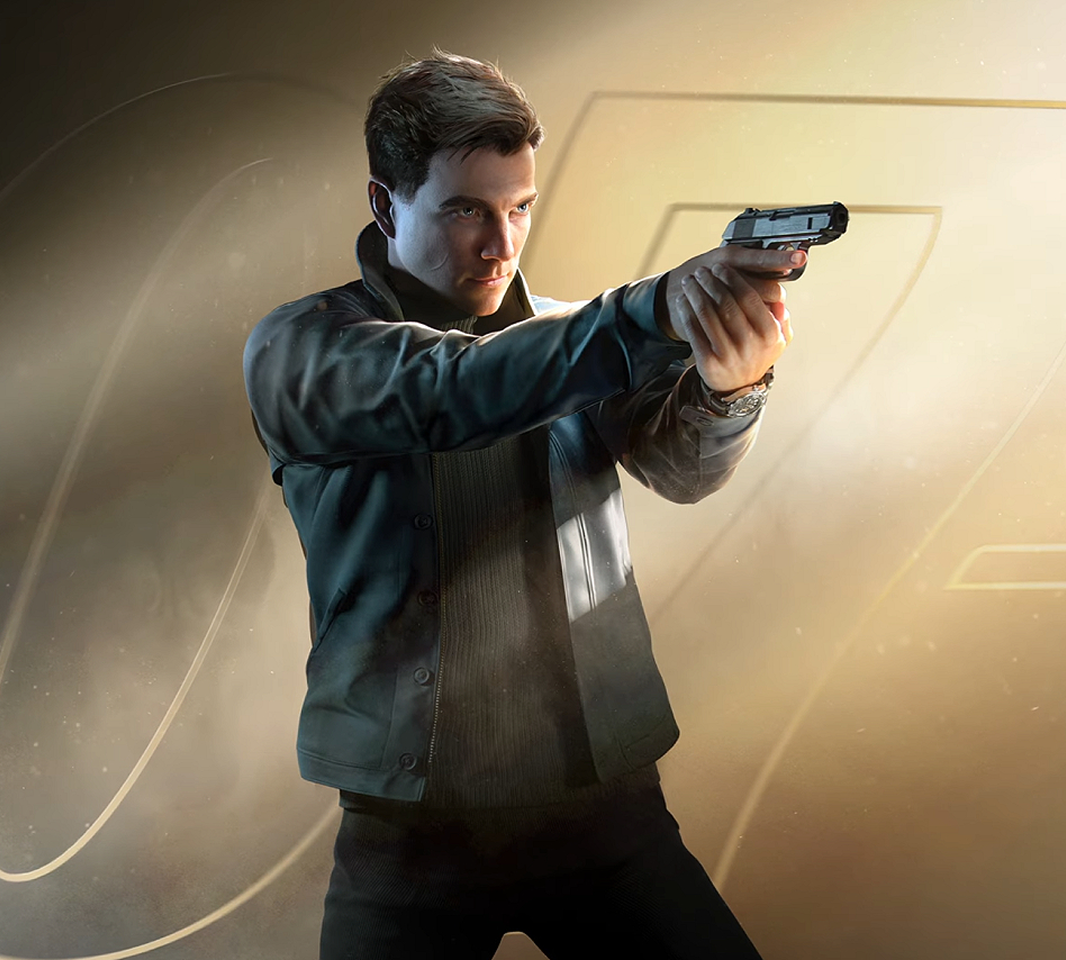 Man in dark jacket aiming a handgun straight ahead against a glowing background.