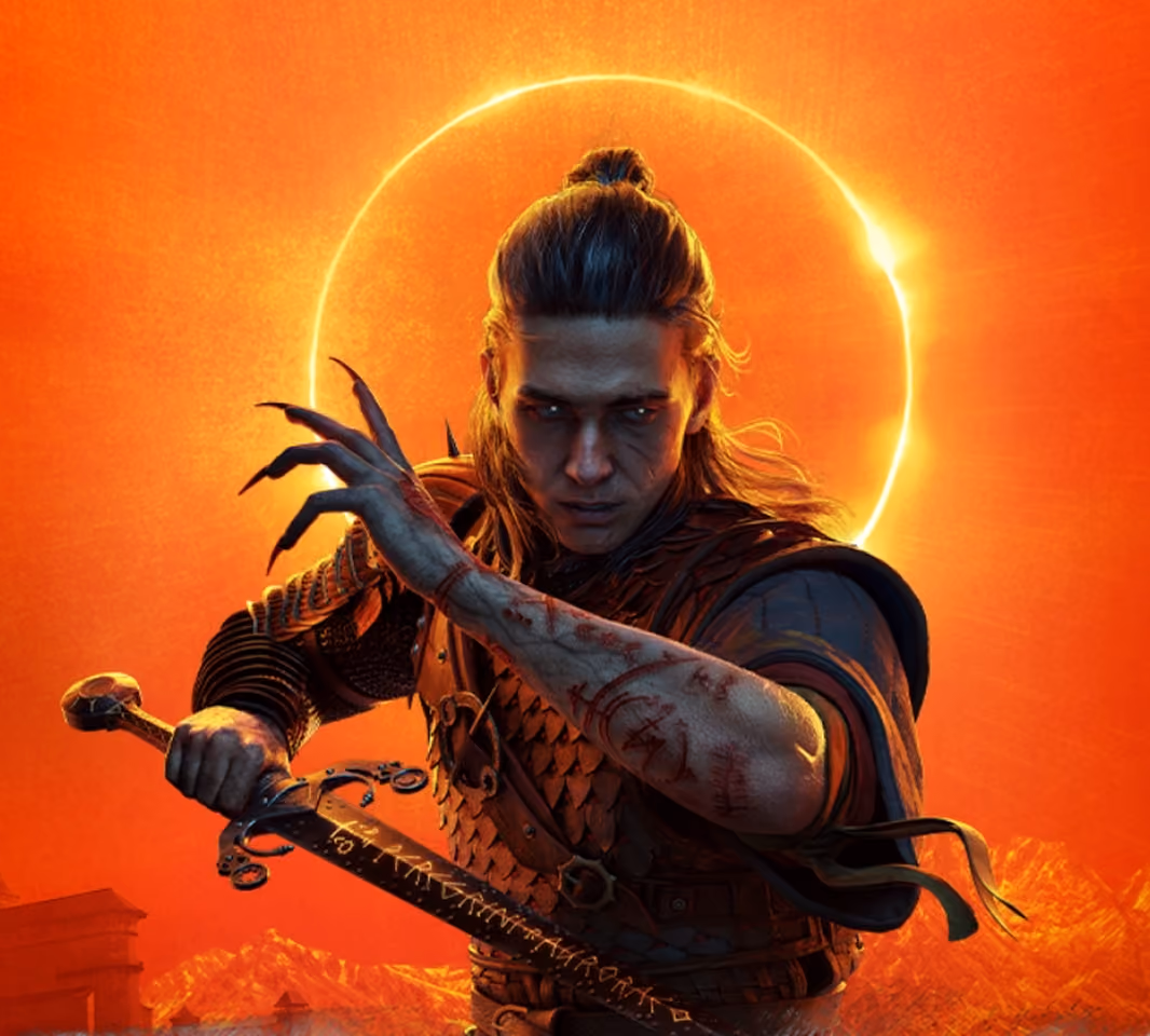 Man with long hair and dark nails holding a rune-covered sword against a fiery eclipse background.