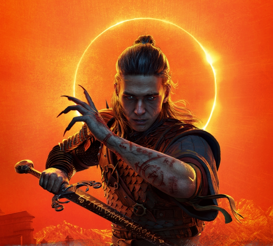 Man with long hair and dark nails holding a rune-covered sword against a fiery eclipse background.