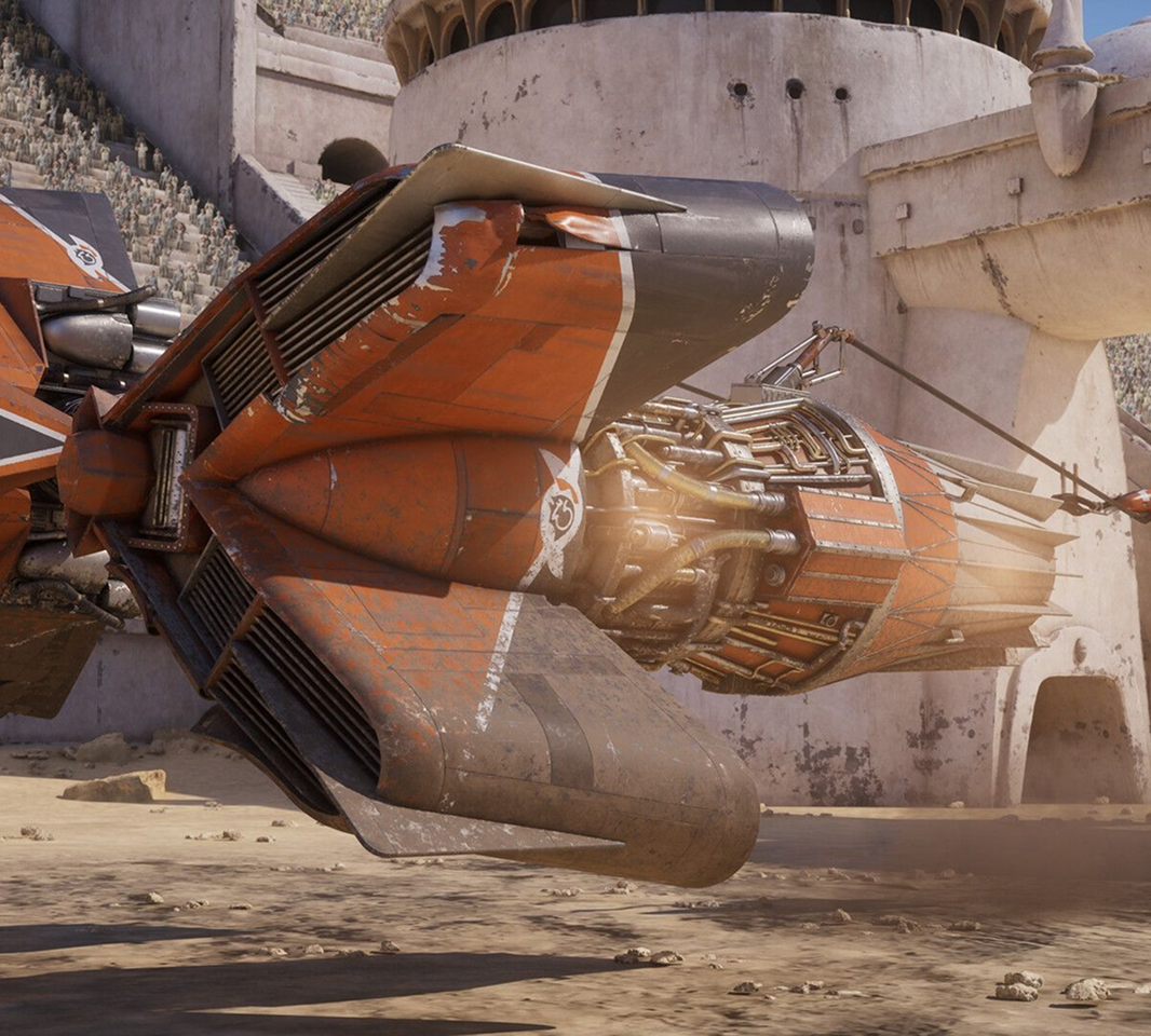 Close-up of a weathered orange and gray futuristic spacecraft hovering on a sandy surface.