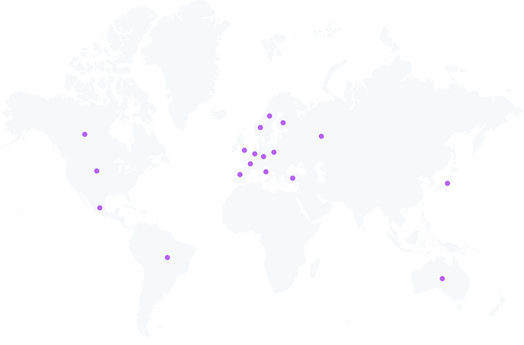 World map with purple dots marking major cities across North America, Europe, Asia, South America, and Australia.