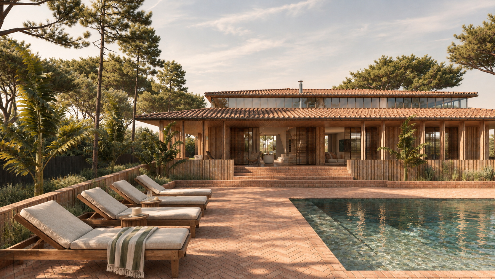 Villa contemporaine en bois sous les pins, terrasse en terre cuite, transats et piscine, projet Studio Nativ architecte
