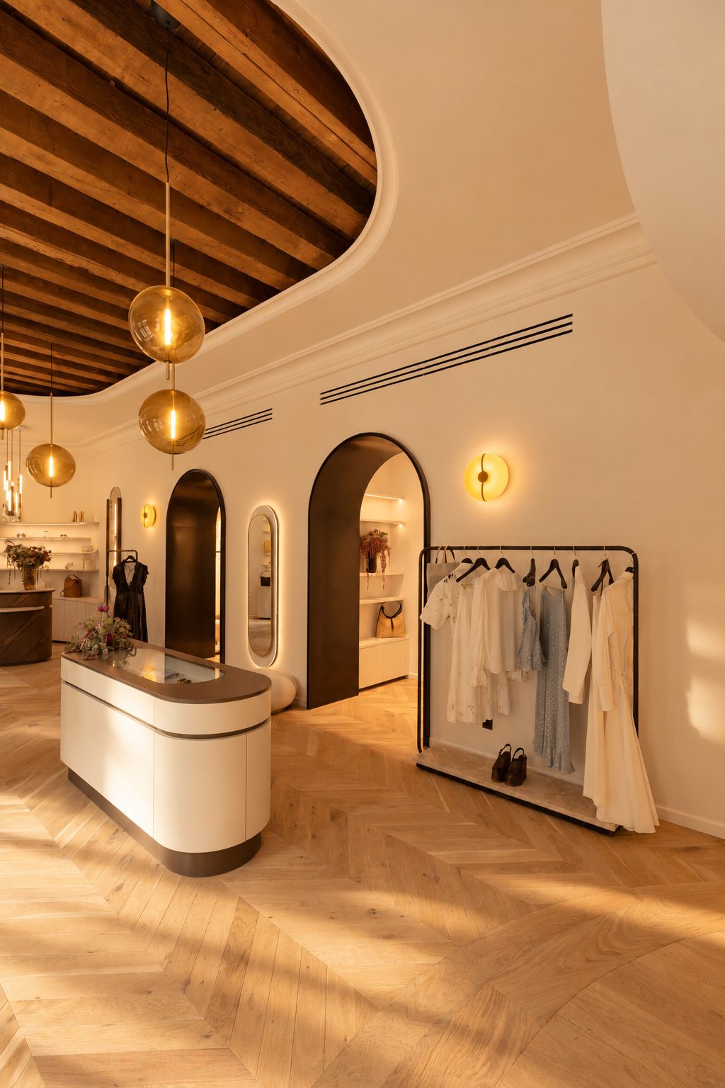 Comptoir et portants sous le plafond à solives anciennes, Maison Espaces
