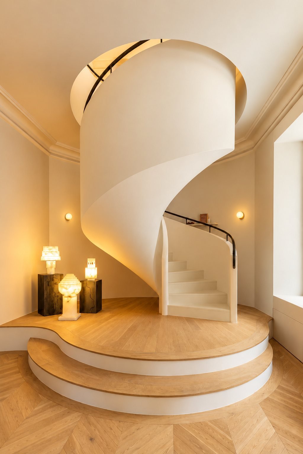 Escalier hélicoïdal en micro-béton blanc et lampes en albâtre, Maison Espaces Bordeaux