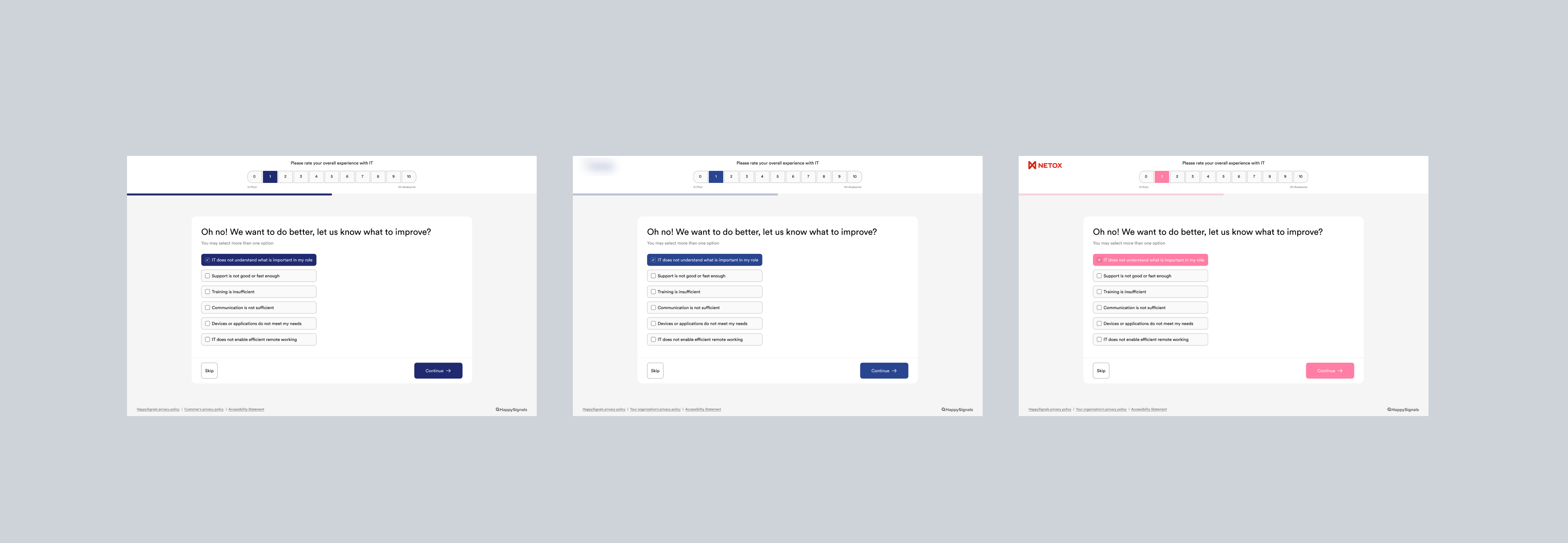 The same survey screen shown in three customer brand themes with different logos and accent colors.