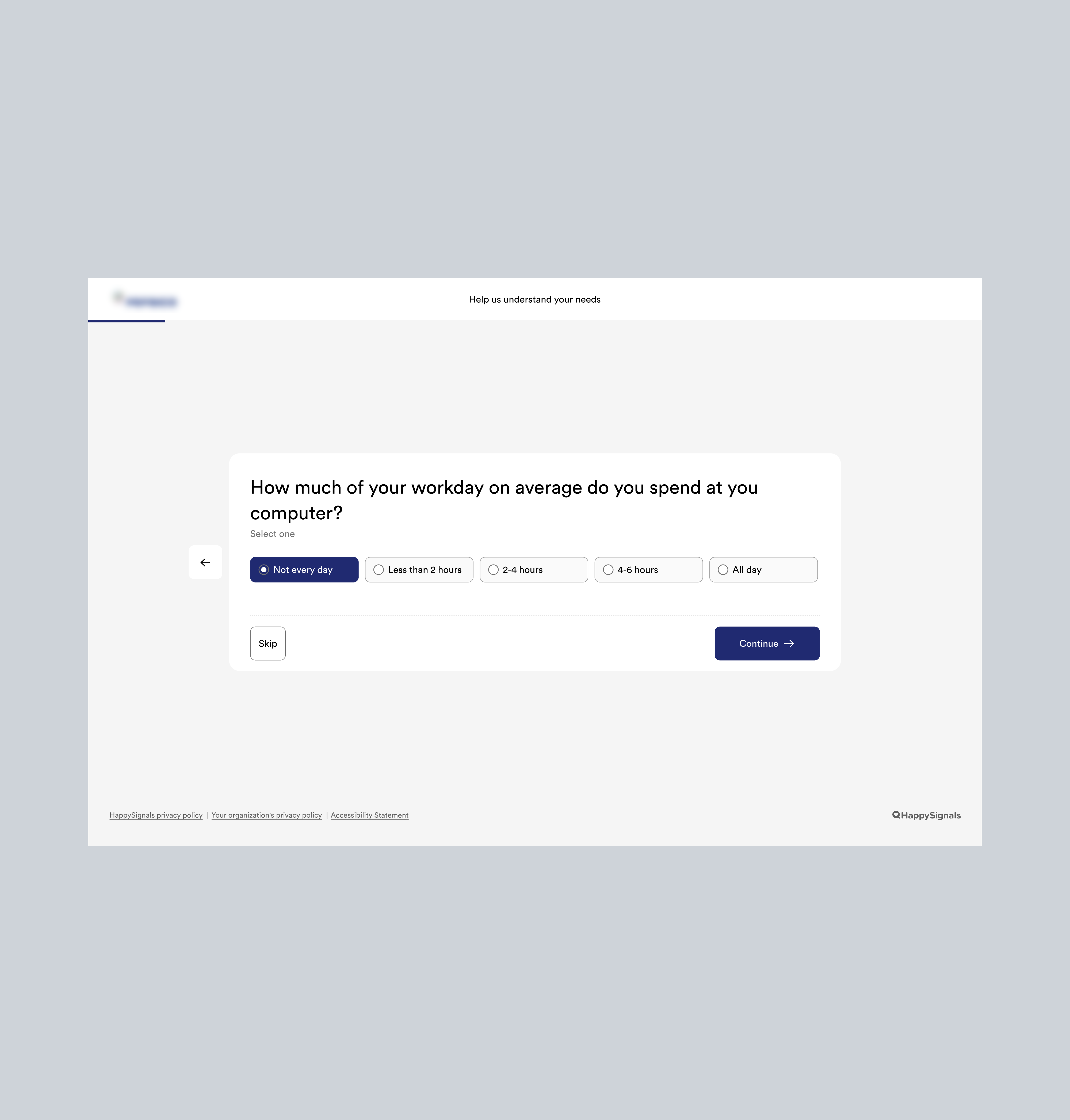 Redesigned survey step asking how much of the workday is spent at a computer, with single-select answer options and Skip and Continue buttons.