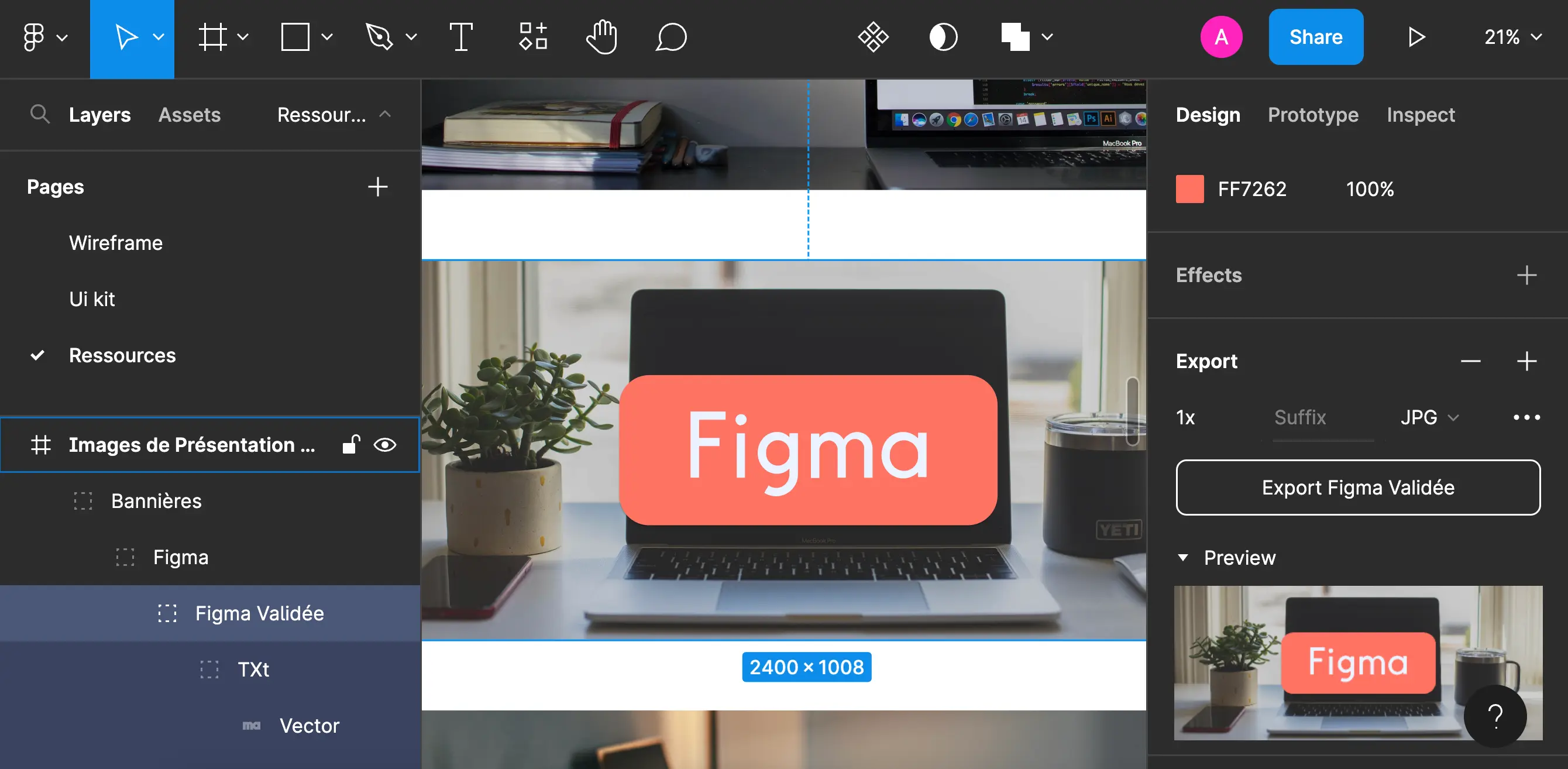 The same picture as the previous one in figma's interface, with the export function shown.