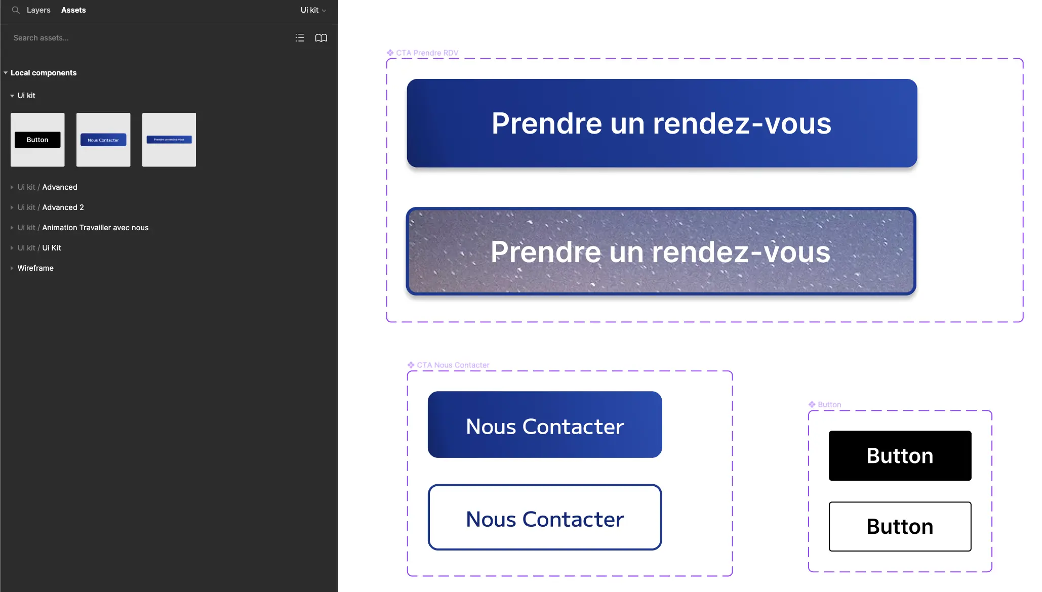 Buttons defined as components in Figma shown with the assets menu