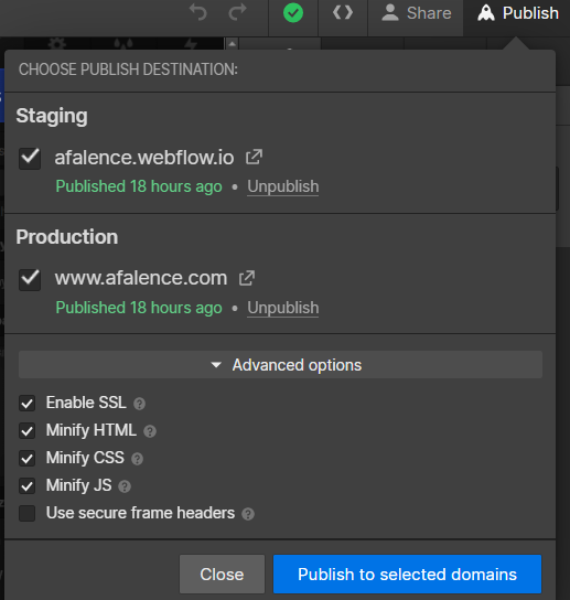 Publishing options in Webflow