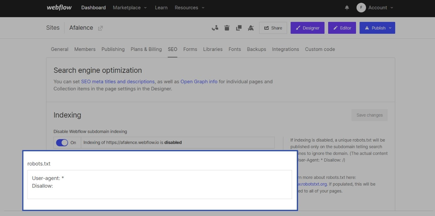 Webflow's robots.txt text box