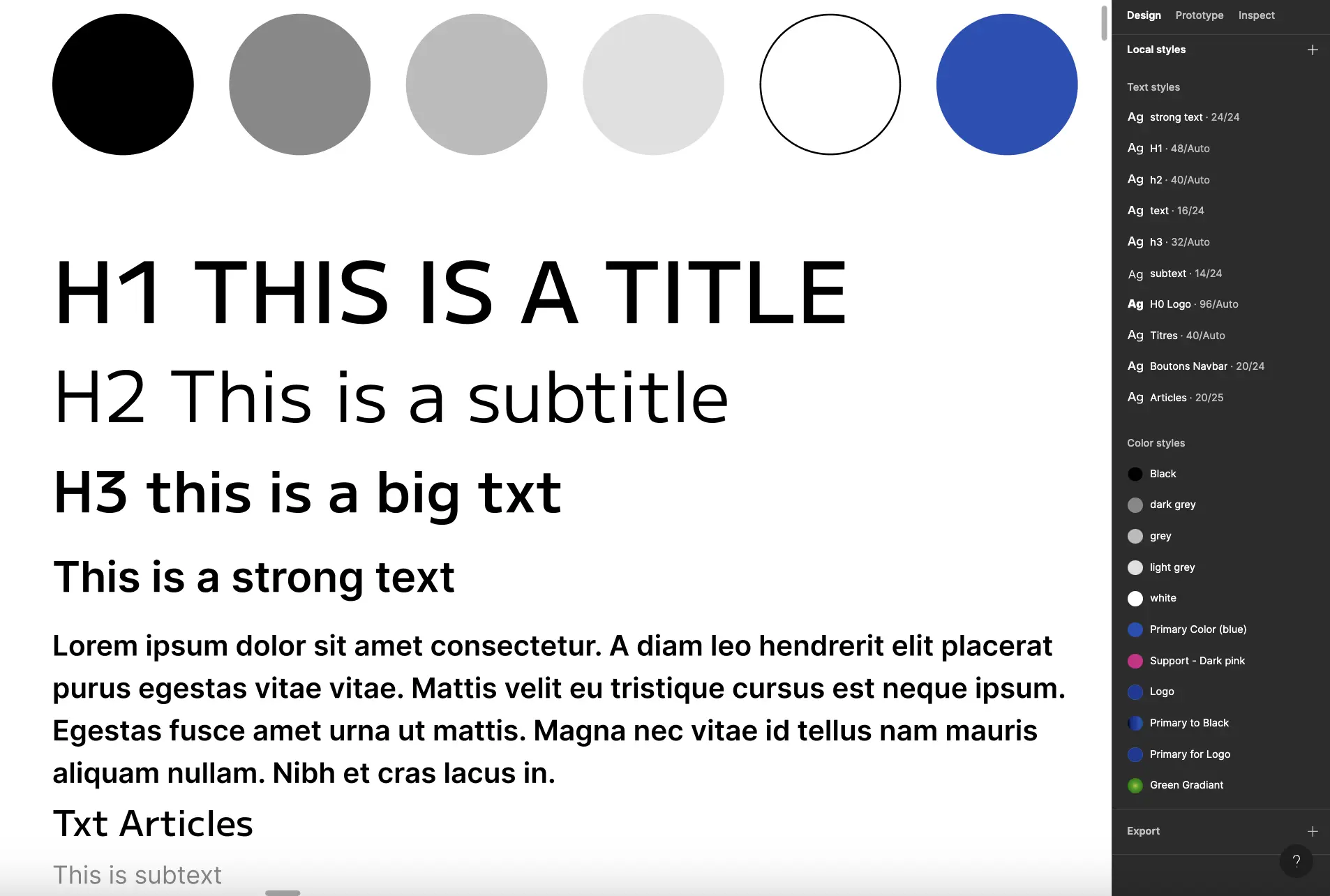 Exemple of styles in Figma. Several different styles are shown.