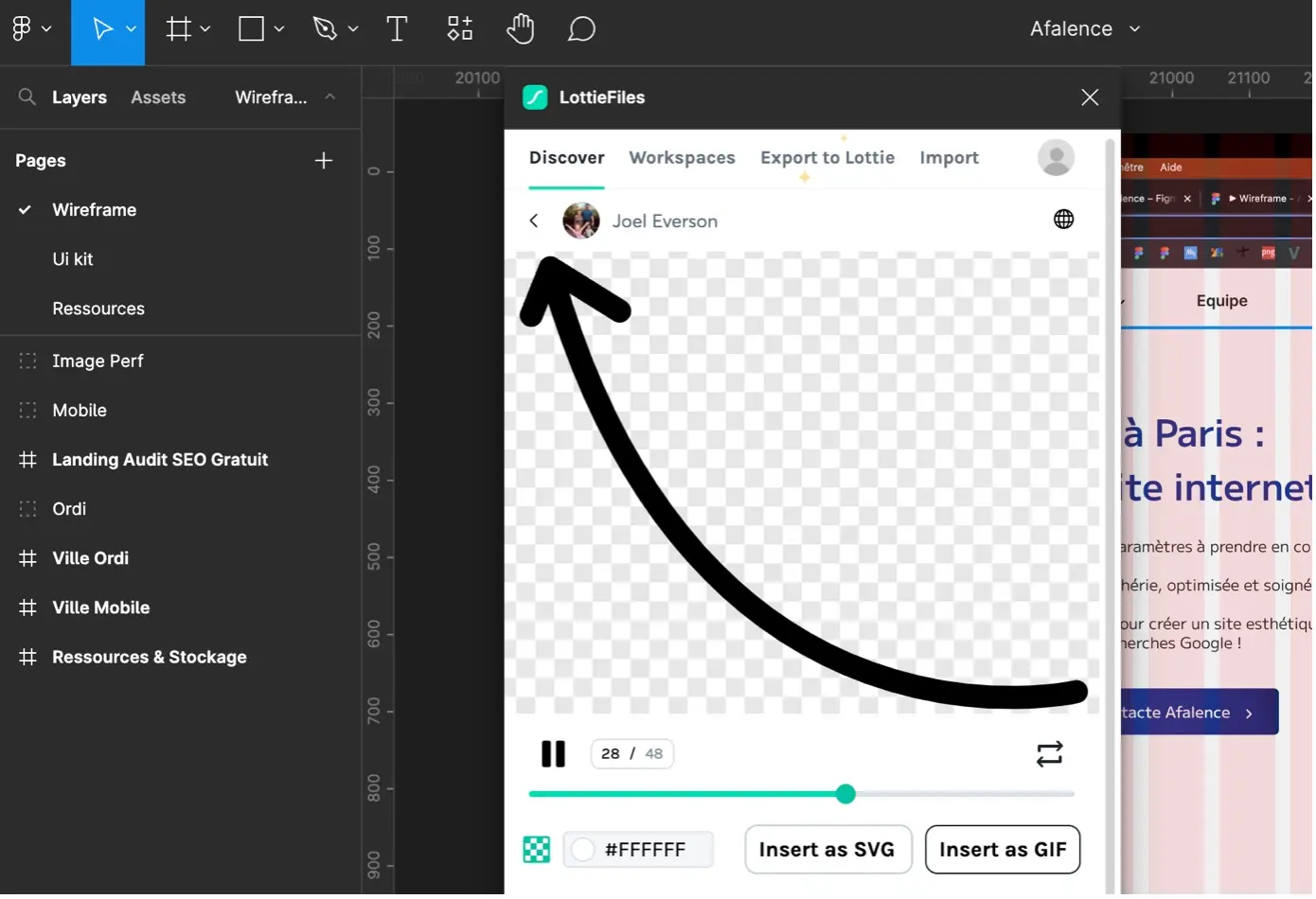 an arrow selected on lottiefiles'plugin for figma in figma